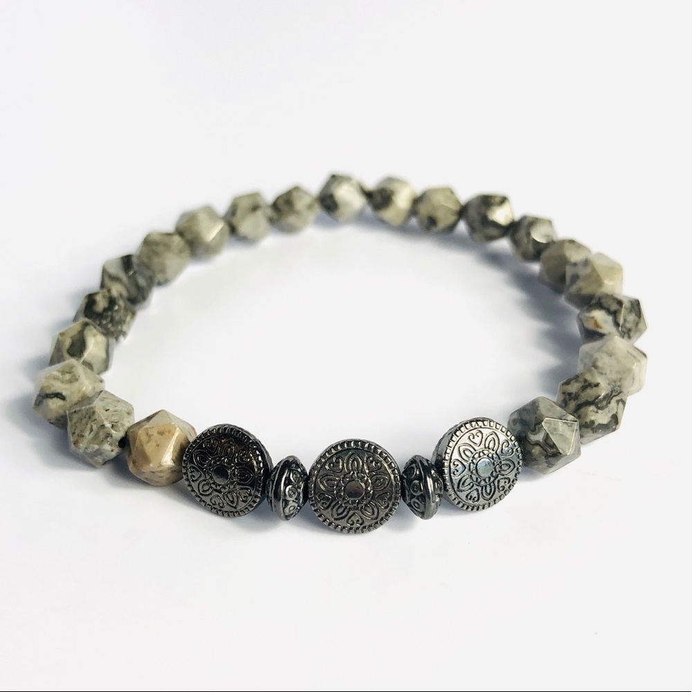 GEMSTONE | Mens Gray Map Jasper Beaded Bracelet